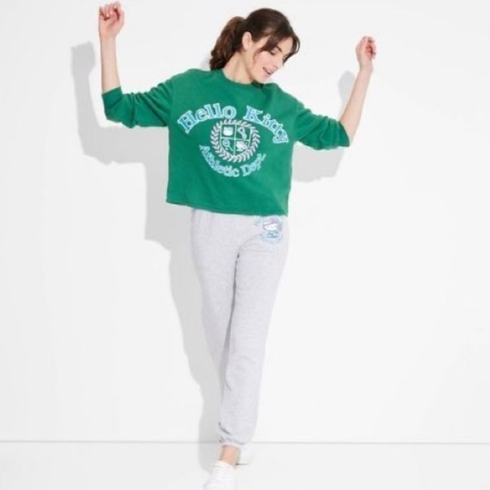Hello Kitty Athletic Dept by Sanrio Green Crewneck‎ Cropped Sweatshirt​